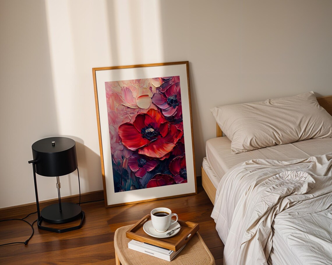 Bold Red Poppy Flowers Close Up Textured Impasto Oil Painting Poster - Image 2