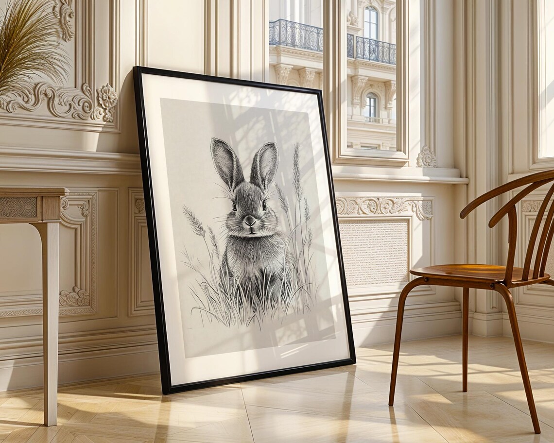 Cute Gray Bunny Pencil Sketch Grass Woodland Animal Art Poster - Image 3