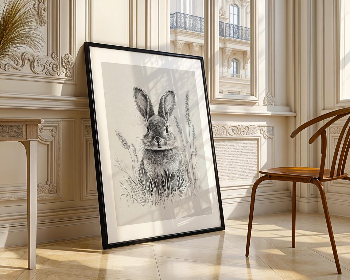Minimalist Cute Easter Bunny Nursery Line Art Drawing Sketch Wall Print Black White Modern Home Kids Room Decor Gift - Image 3