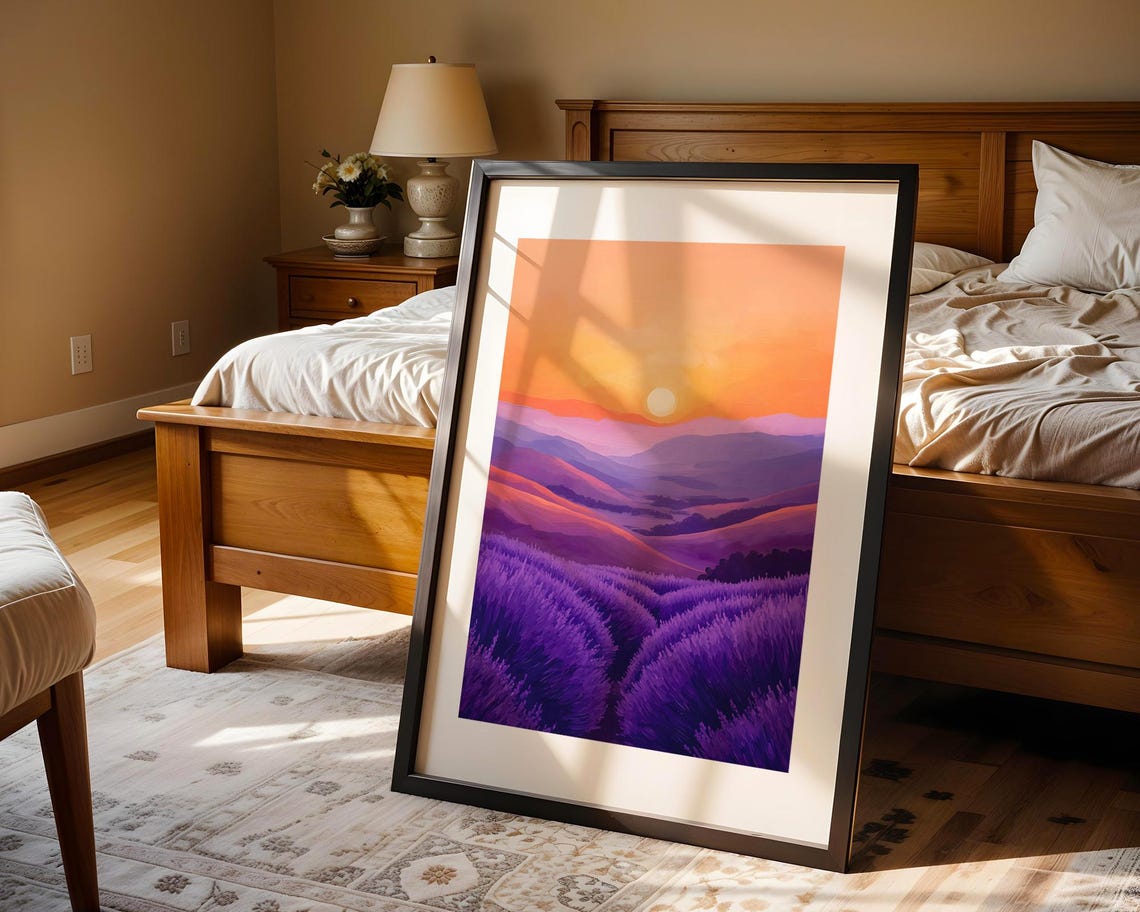 Lavender Hills Sunset Orange Sky Purple Flower Fields Art Poster - Image 3