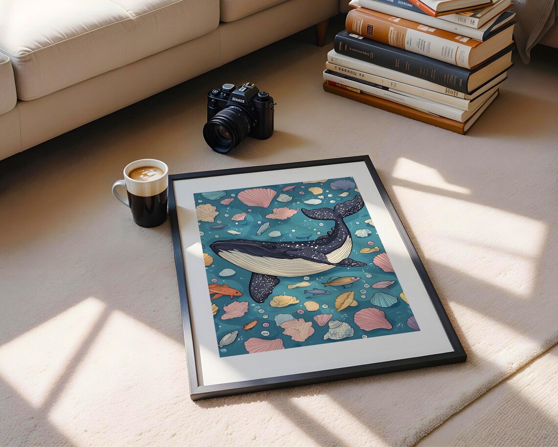 Whale Illustration Seashells Fish Playful Ocean Kids Room Print - Image 5