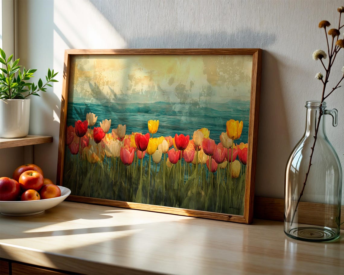Colorful Tulips Teal Water Impressionist Spring Bloom Landscape Poster - Image 3