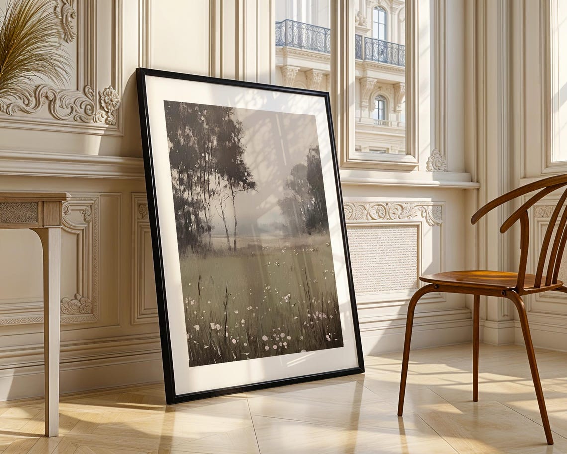 Misty Moody Black White Landscape Trees Meadow Minimalist Poster - Image 3