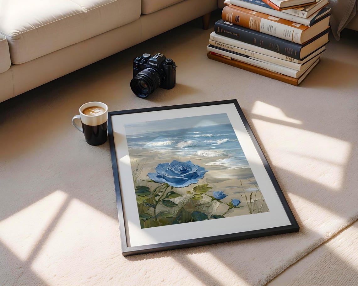 Blue Rose Beach Seascape Ocean Waves Coastal Oil Painting Poster - Image 5