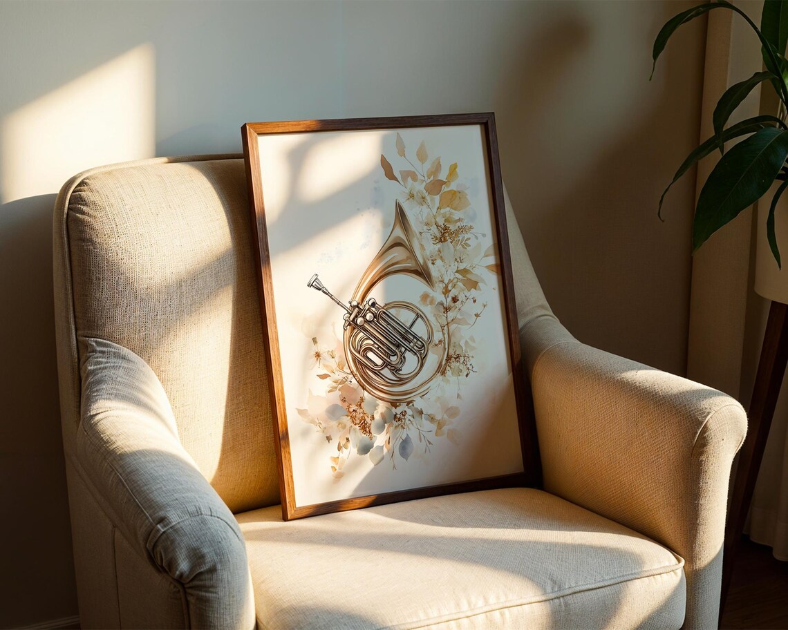 Golden French Horn Watercolor Floral Botanical Music Instrument Poster - Image 2