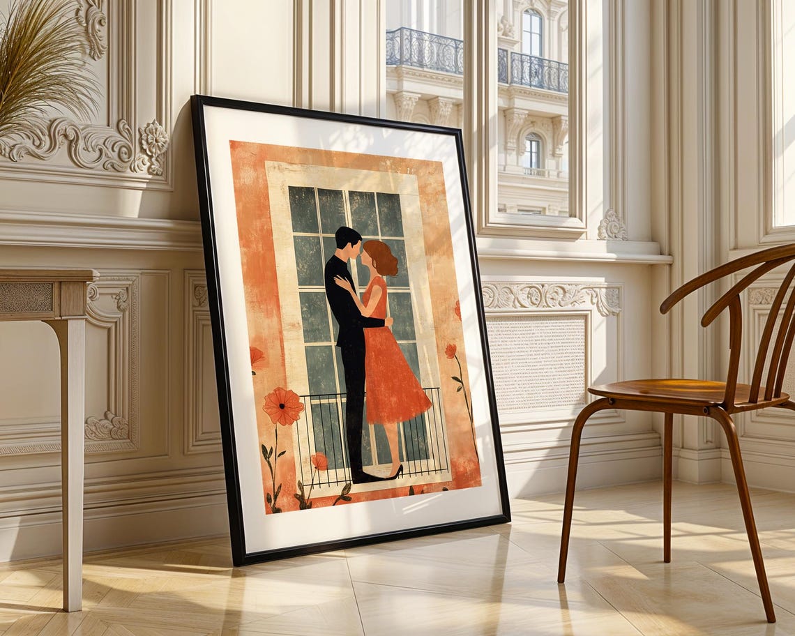 Vintage Couple Dancing Balcony Orange Poppies Romance Art Poster - Image 3