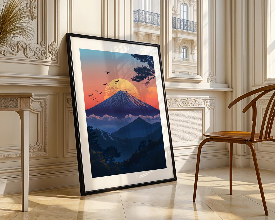 Mount Fuji Sunset Giant Golden Sun Birds Pine Silhouette Poster - Image 3