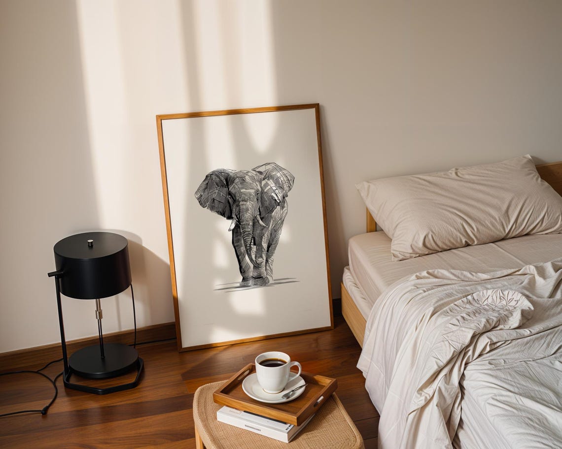 Elephant Ink Sketch Line Art Simple Animal Illustration Draw Trendy Poster Wall Print Modern Home Decor Gift - Image 3