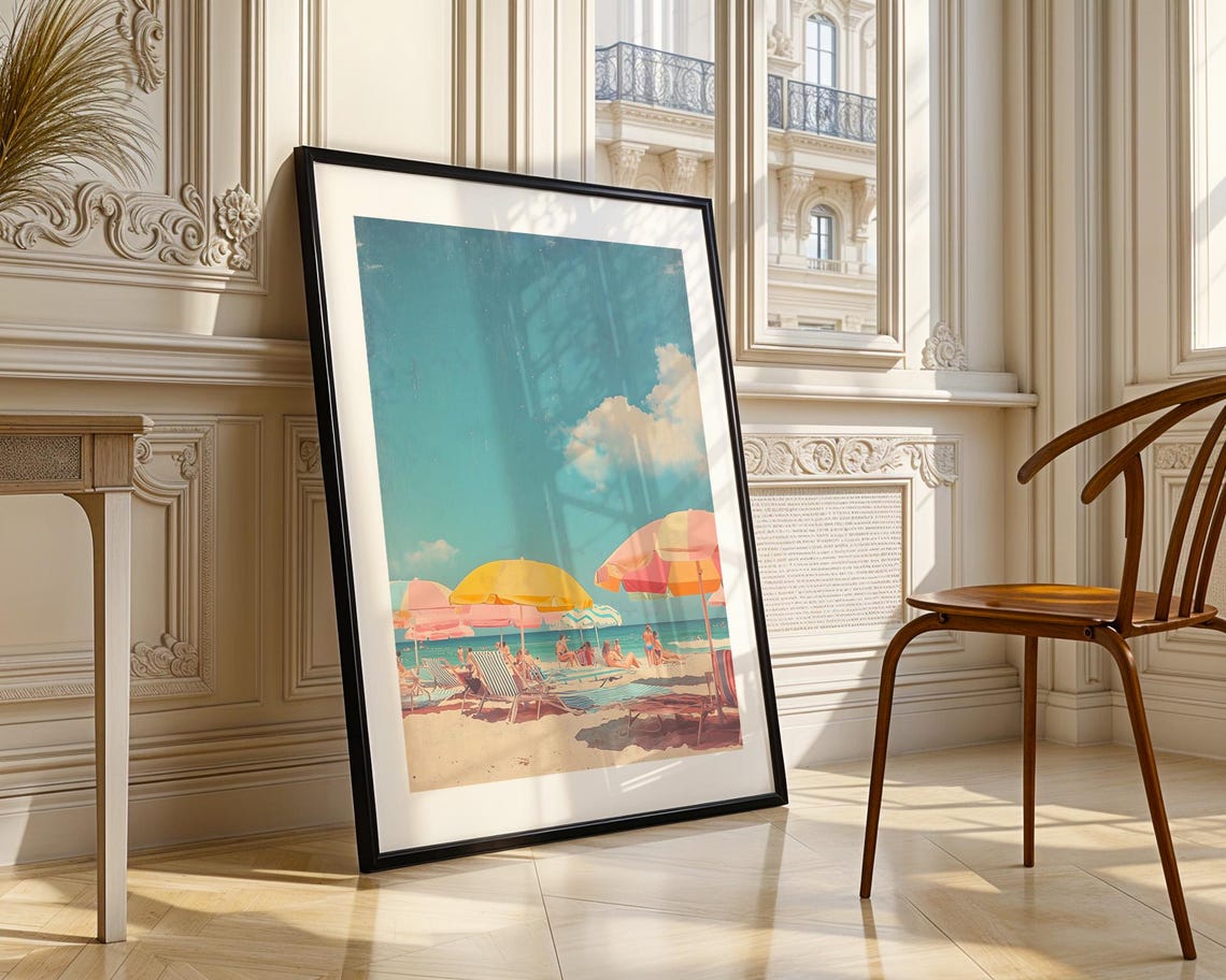 Pastel Beach Umbrellas And Sunbathers Aerial Summer Coast Poster - Image 3