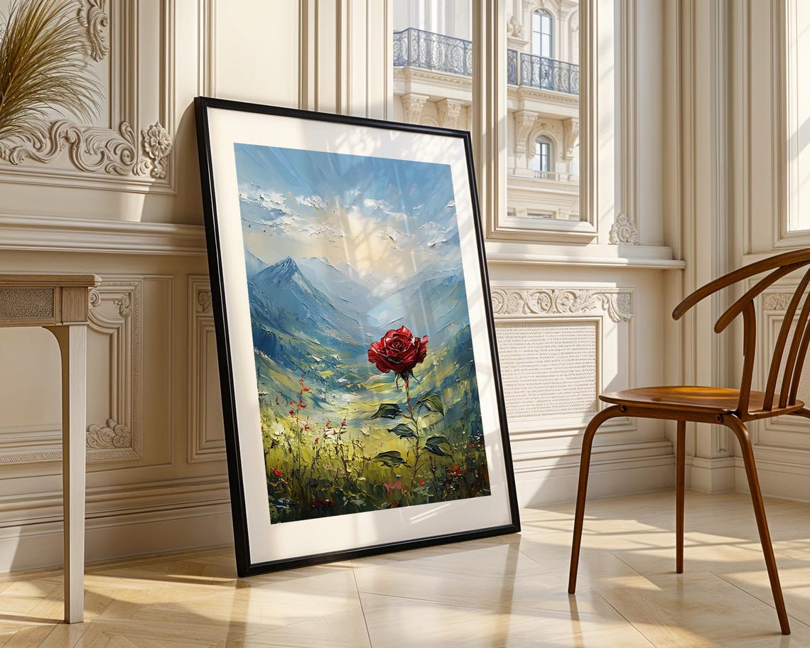 Red Rose Mountain Landscape Oil Painting Romantic Art Poster - Image 4