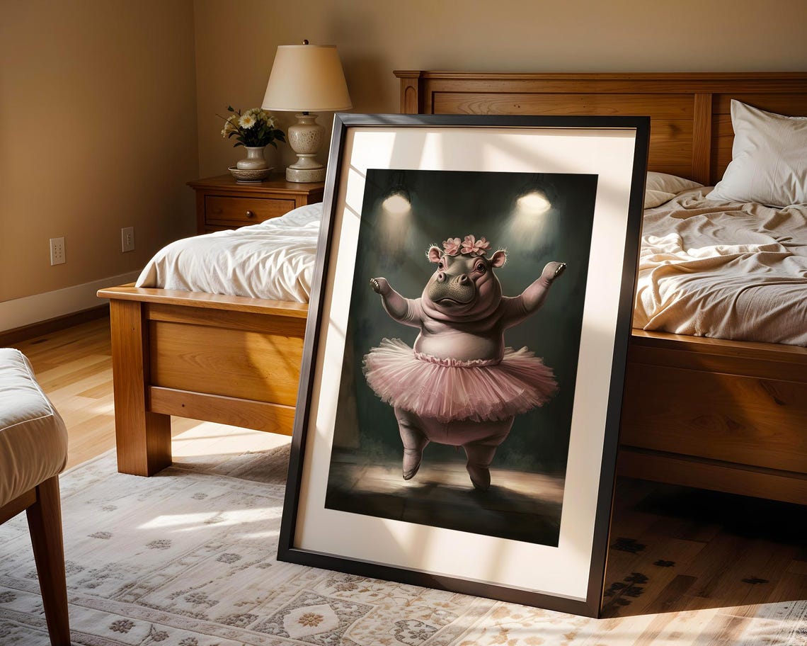 Whimsical Hippo Ballerina Pink Tutu Dance Art Trendy Wall Room Decor Print Poster Funny - Image 4