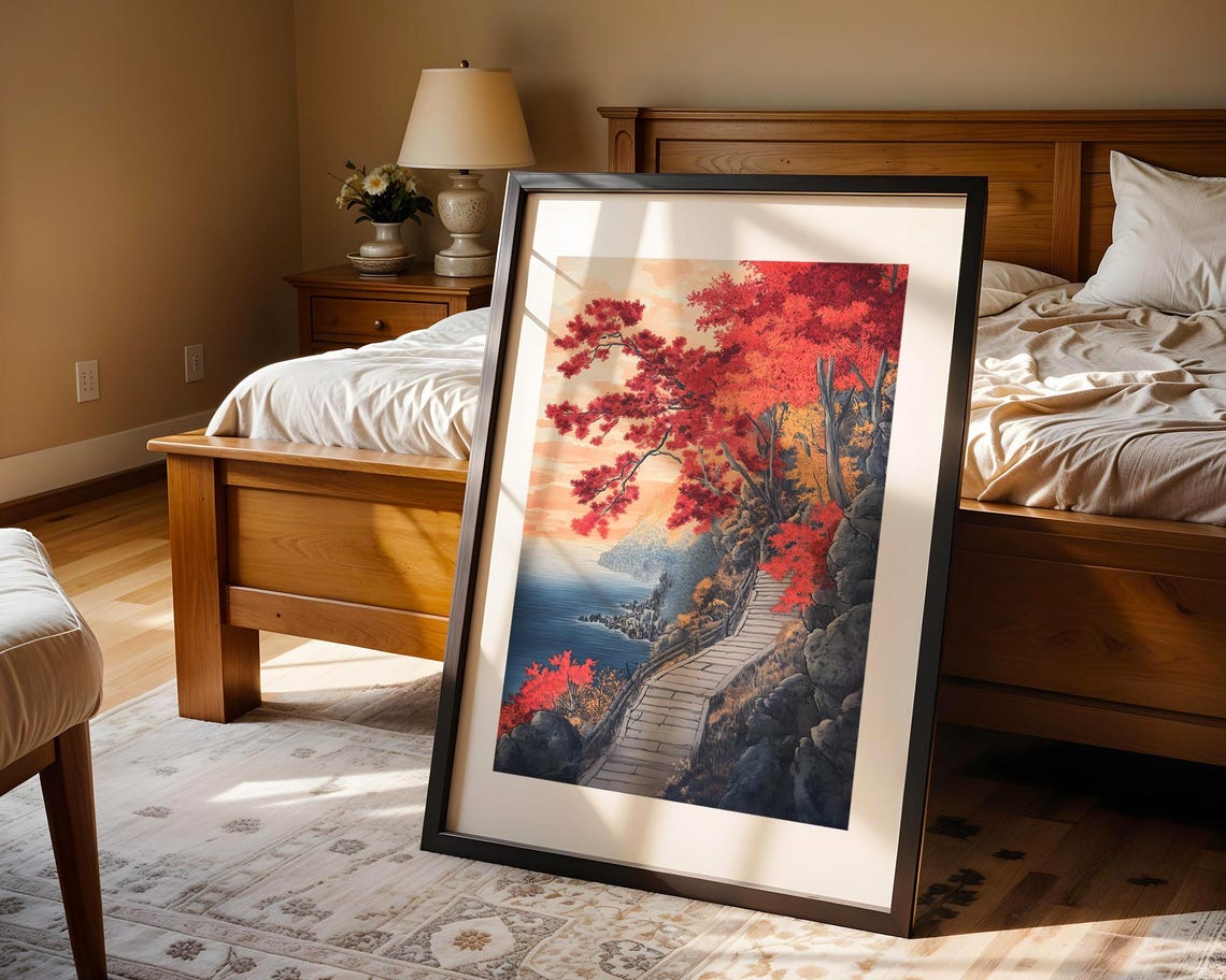 Japanese Coastal Cliff Walkway Art Poster with Red Maple Trees - Image 4