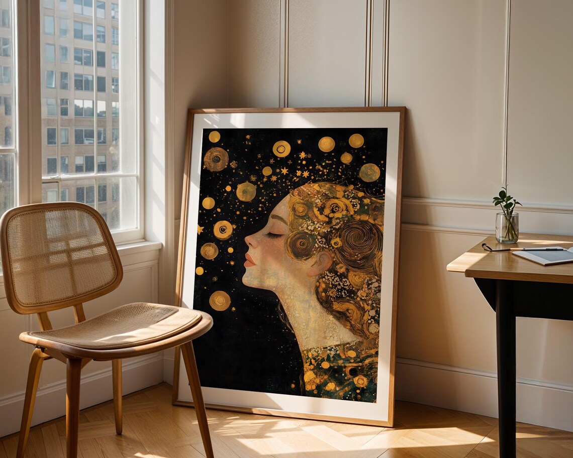 Dreamy Cosmic Goddess Portrait Golden Stars Ethereal Wall Art - Image 3