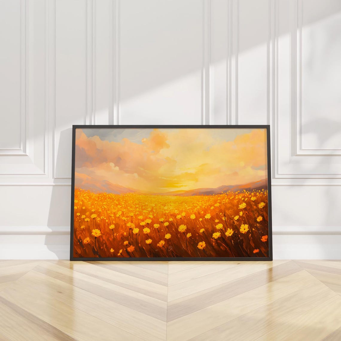 Golden Wildflower Field Blazing Sunset Warm Landscape Art Poster