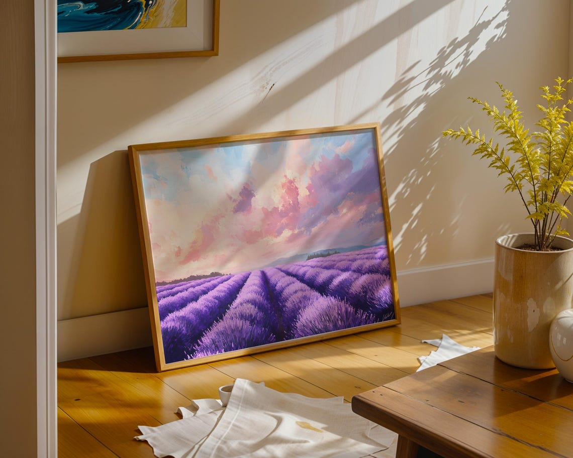Lavender Rows Sunset Pink Clouds Dreamy Purple Field Landscape Poster - Image 5