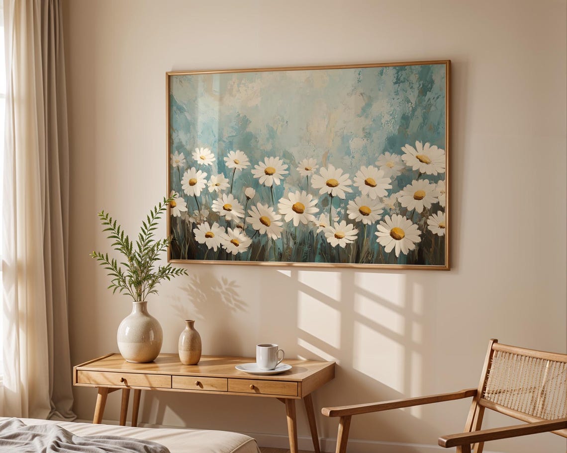 White Daisies Teal Blue Background Impressionist Floral Poster - Image 5
