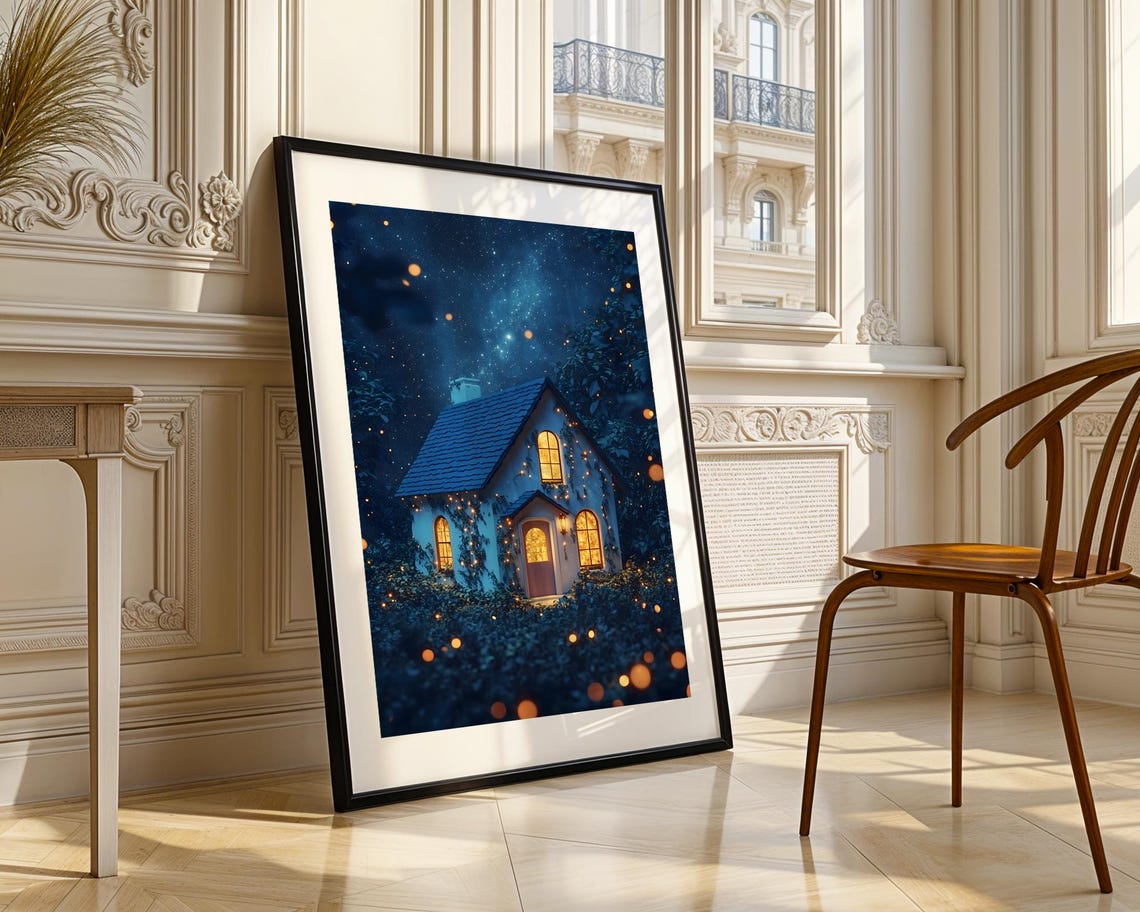 Cozy Cottage Under Starry Night Sky Fireflies Magical Fantasy Poster