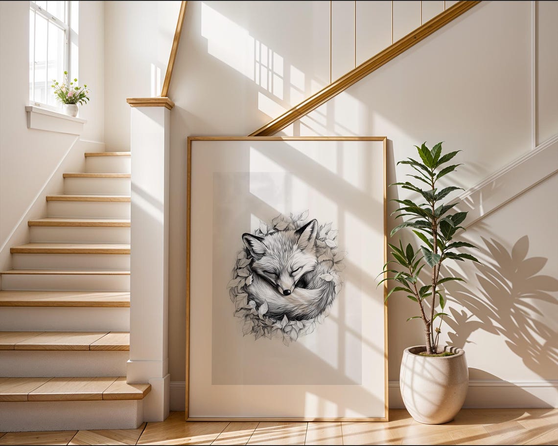 Sleeping Fox Leaf Wreath Monochrome Pencil Sketch Woodland Art Poster - Image 2
