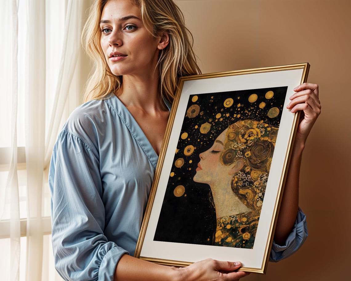 Dreamy Cosmic Goddess Portrait Golden Stars Ethereal Wall Art - Image 2