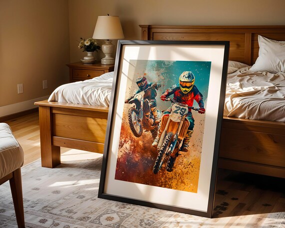 Two Motocross Riders Racing Dirt Bikes Watercolor Sports Print