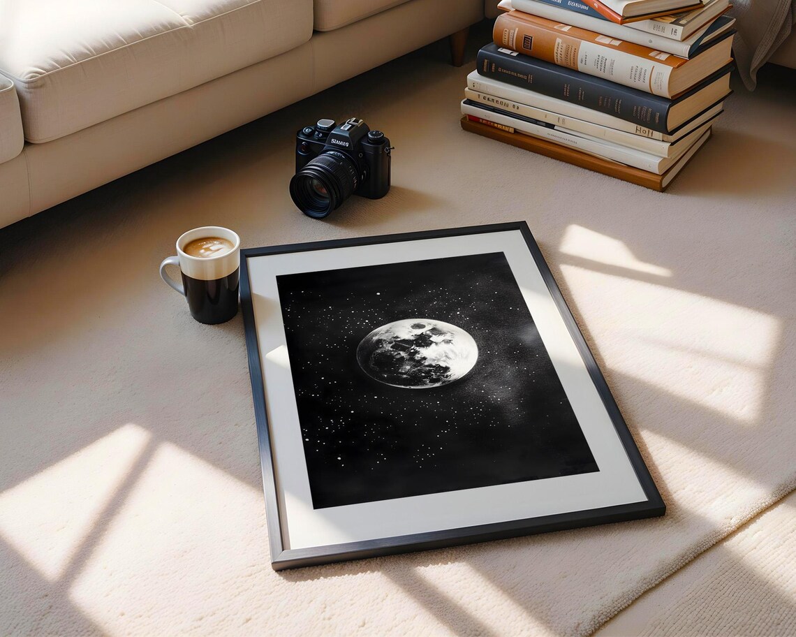 Full Moon Starry Night Sky Black And White Photography Art Poster - Image 5