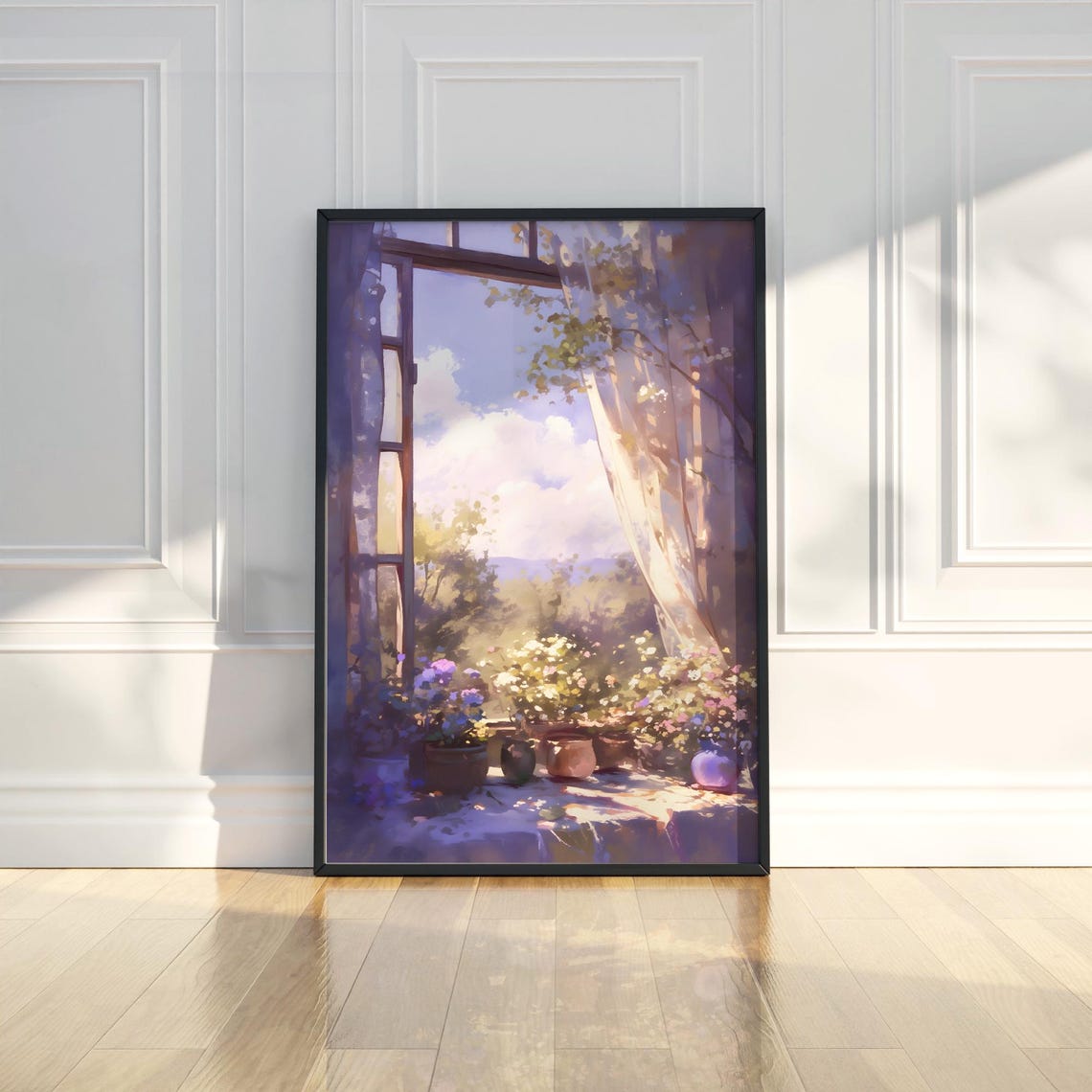 Open Window Flower Pots Dreamy Watercolor Interior Art Poster