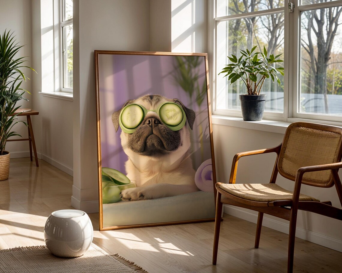 Pug Spa Cucumber Eyes Funny Relaxing Dog Portrait Humor Art Poster - Image 2