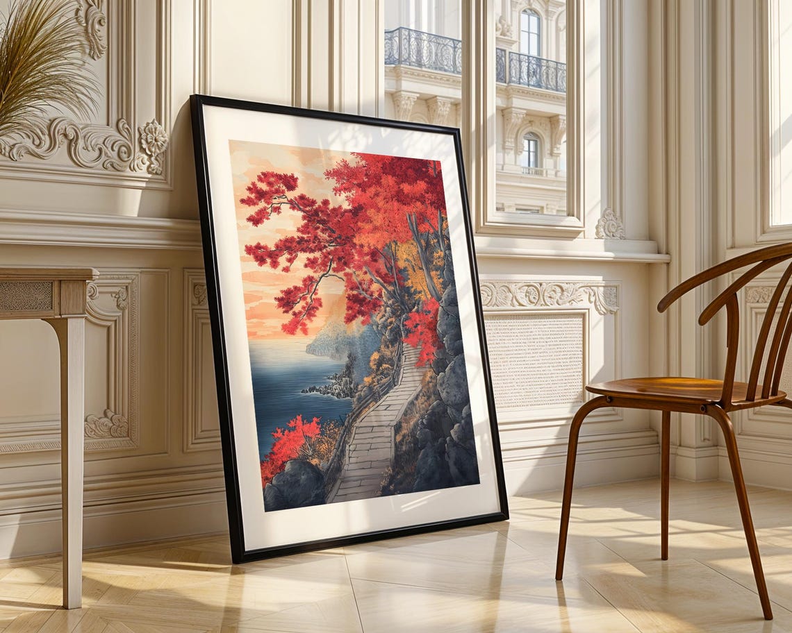 Japanese Coastal Cliff Walkway Art Poster with Red Maple Trees - Image 3