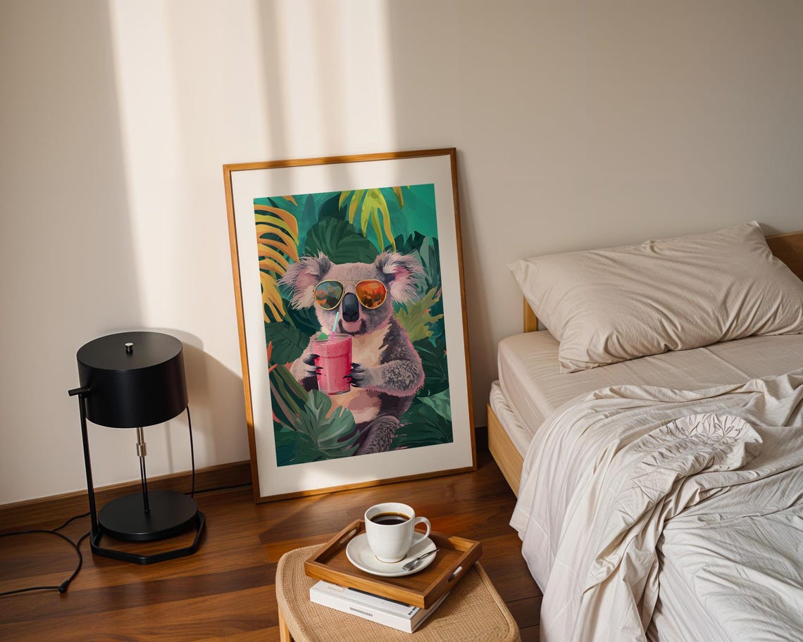 Cool Koala Drinking Smoothie With Sunglasses Tropical Illustration Trendy Wall Art Modern Prints Print - Image 2