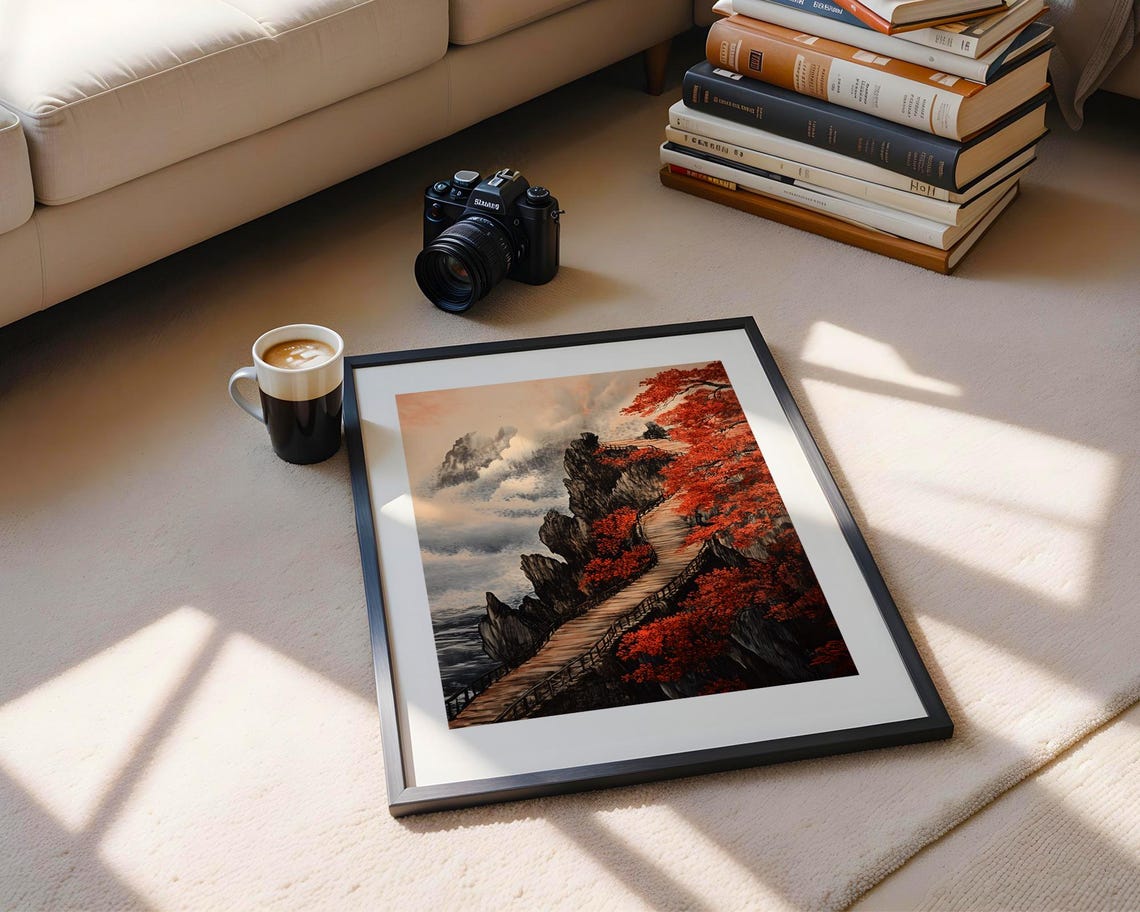 Autumn Cliff Path with Red Maples Painting Poster in Ink Style - Image 5