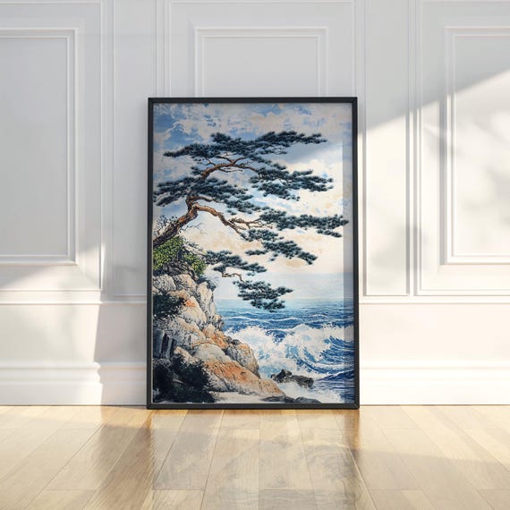 Japanese Pine Tree Ocean Wall Art Coastal Wave Landscape Zen Nature Home Decor Ukiyoe Style Cliff Scene