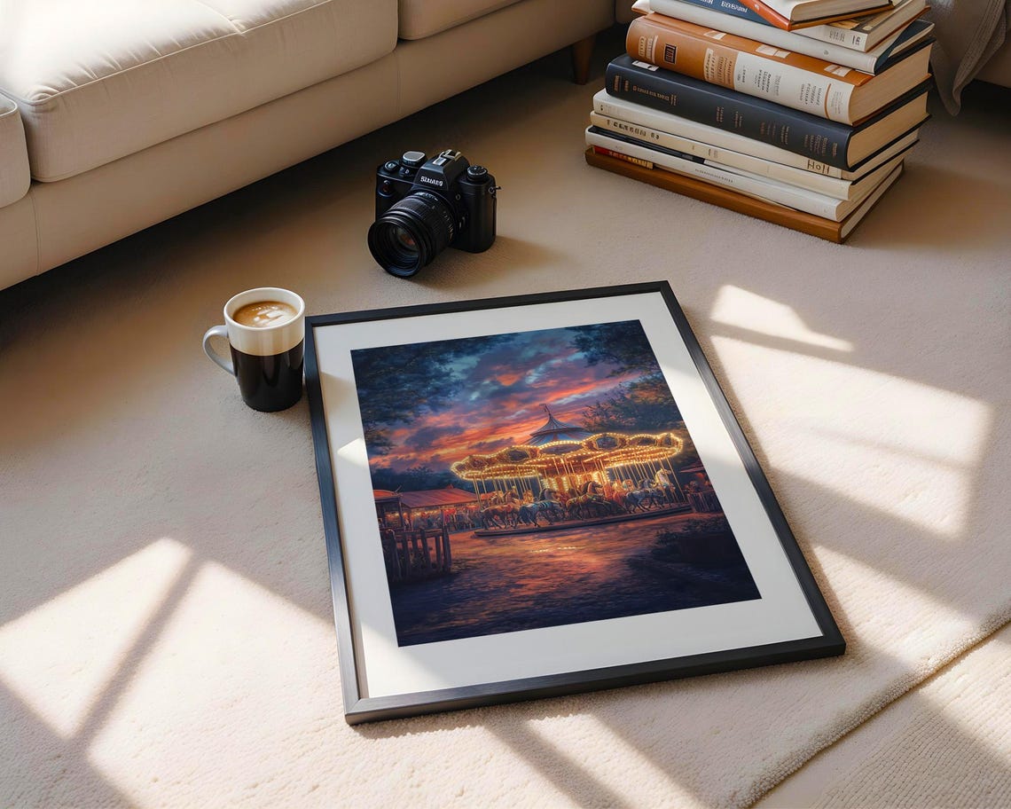 Enchanting Vintage Carousel At Sunset Wall Art Twilight Fairground Poster Cozy Home Decor Nursery - Image 5