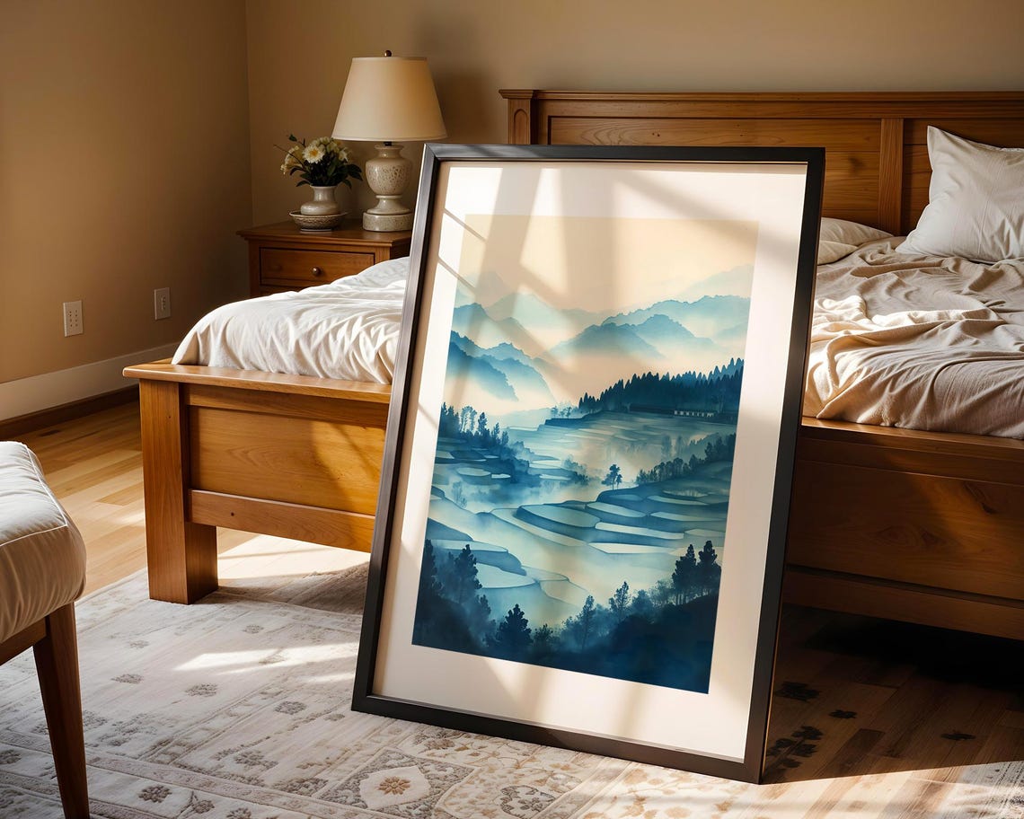 Blue Rice Terraces Mountain Misty Watercolor Japanese Art Poster - Image 4