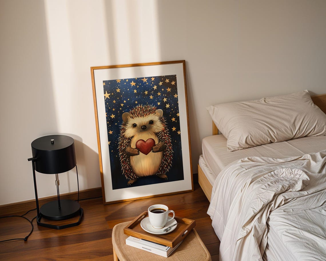 Hedgehog Holding Red Heart Under Gold Stars Night Sky Poster - Image 2