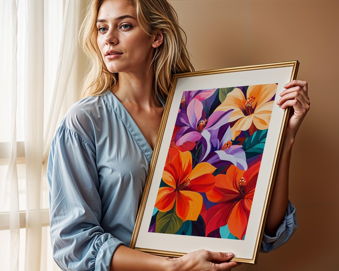 Bold Tropical Hibiscus Flowers in Red Orange Purple Art Poster - Image 2