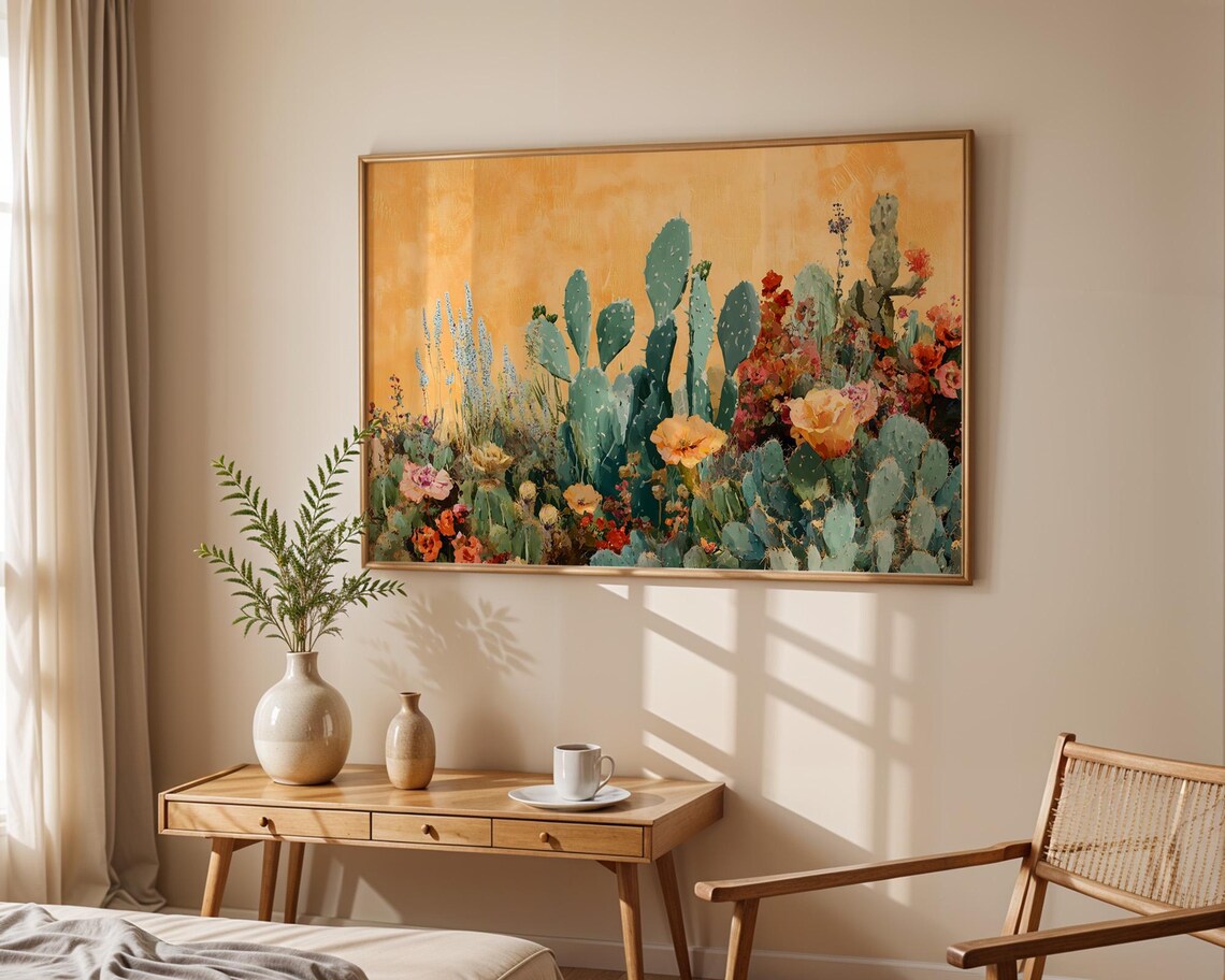Teal Cactus Garden Gold Background Botanical Desert Floral Poster