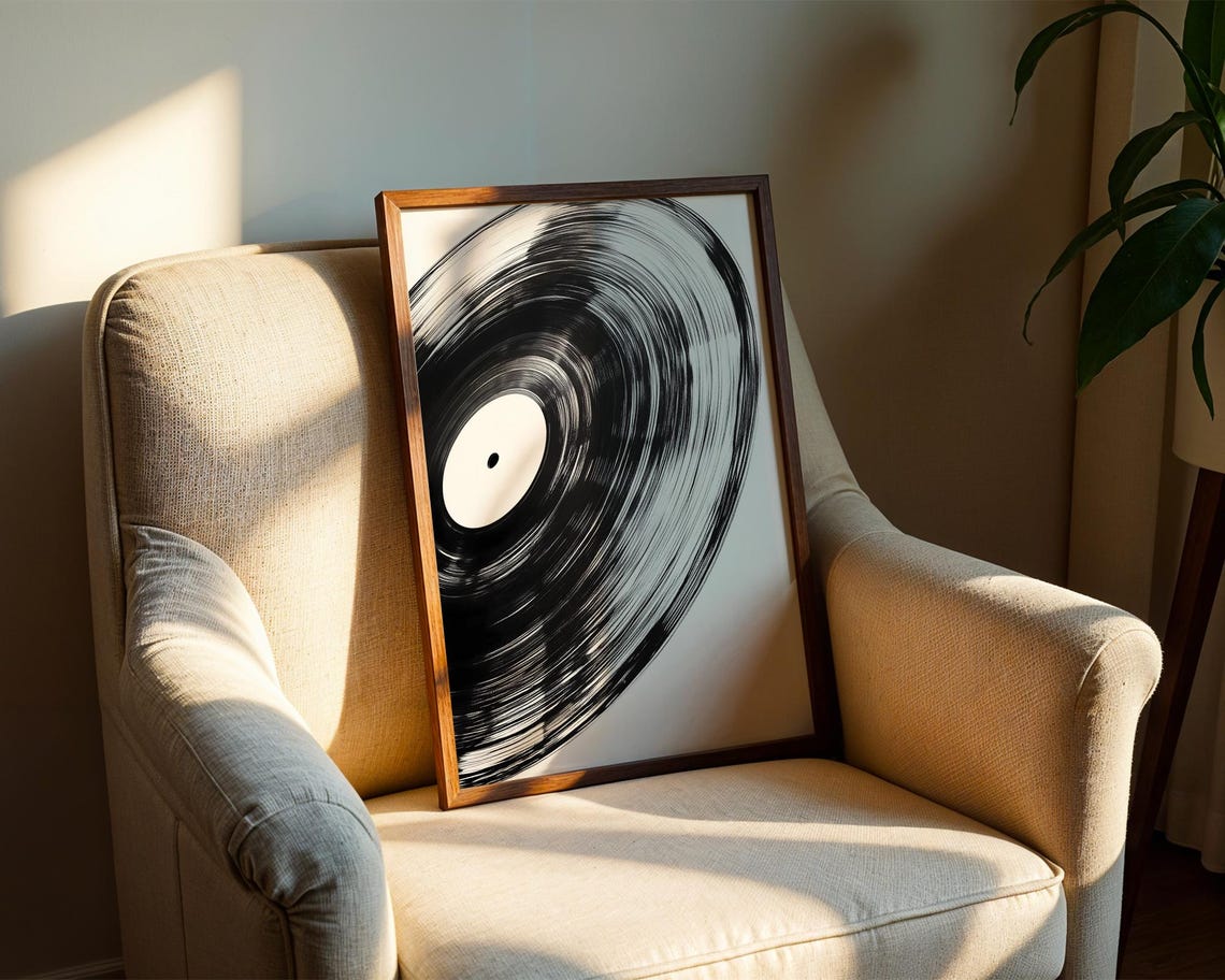 Spinning Vinyl Record Close Up Black White Abstract Music Poster - Image 2