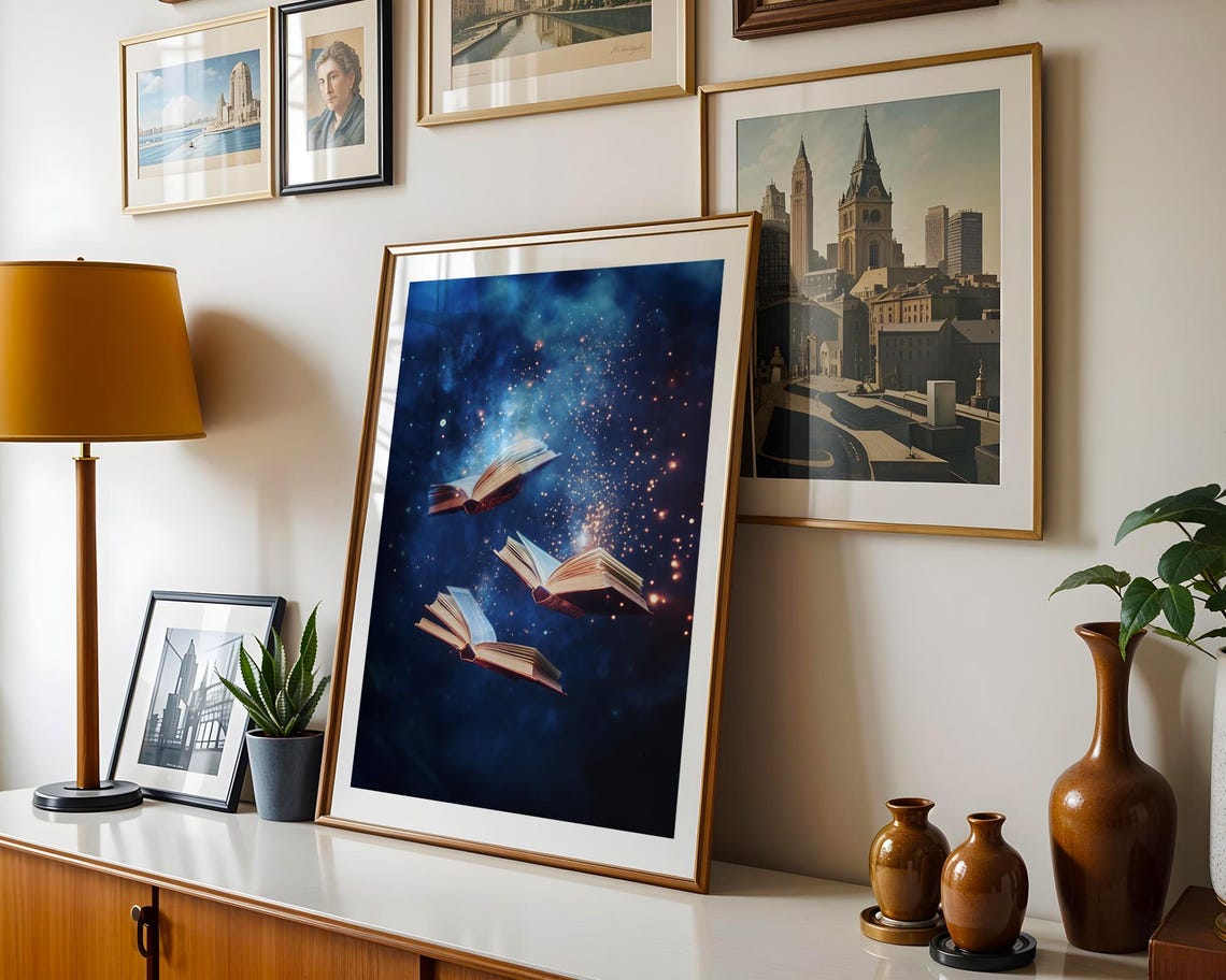 Magical Flying Books Cosmic Starry Night Celestial Fantasy Poster - Image 5