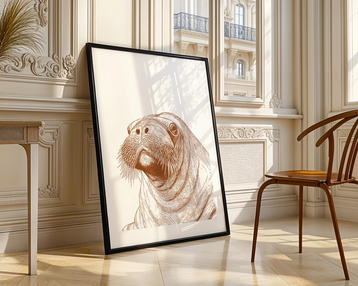 Hand Drawn Walrus Portrait Sepia Ink Line Art Sea Animal Sketch Poster - Image 4