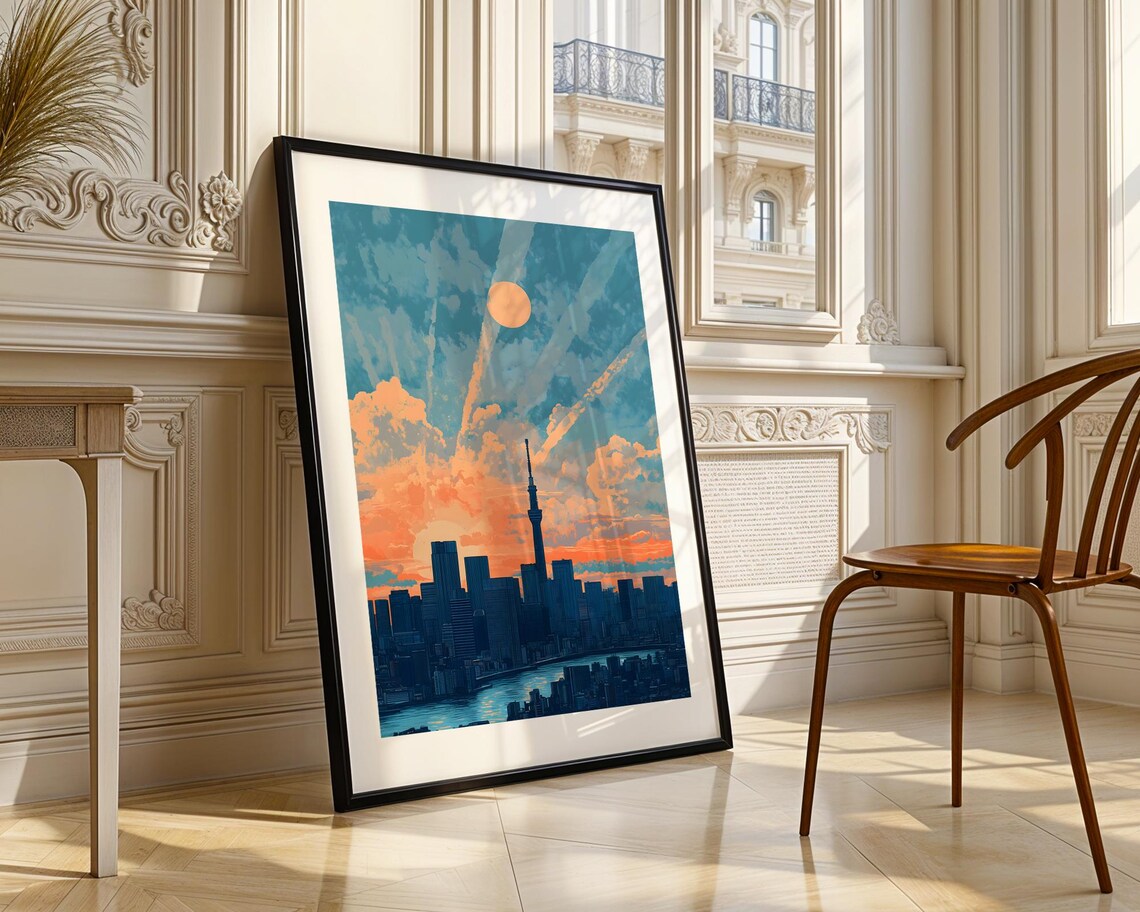 Tokyo Skytree Sunset Skyline Retro Travel Illustration Poster - Image 3