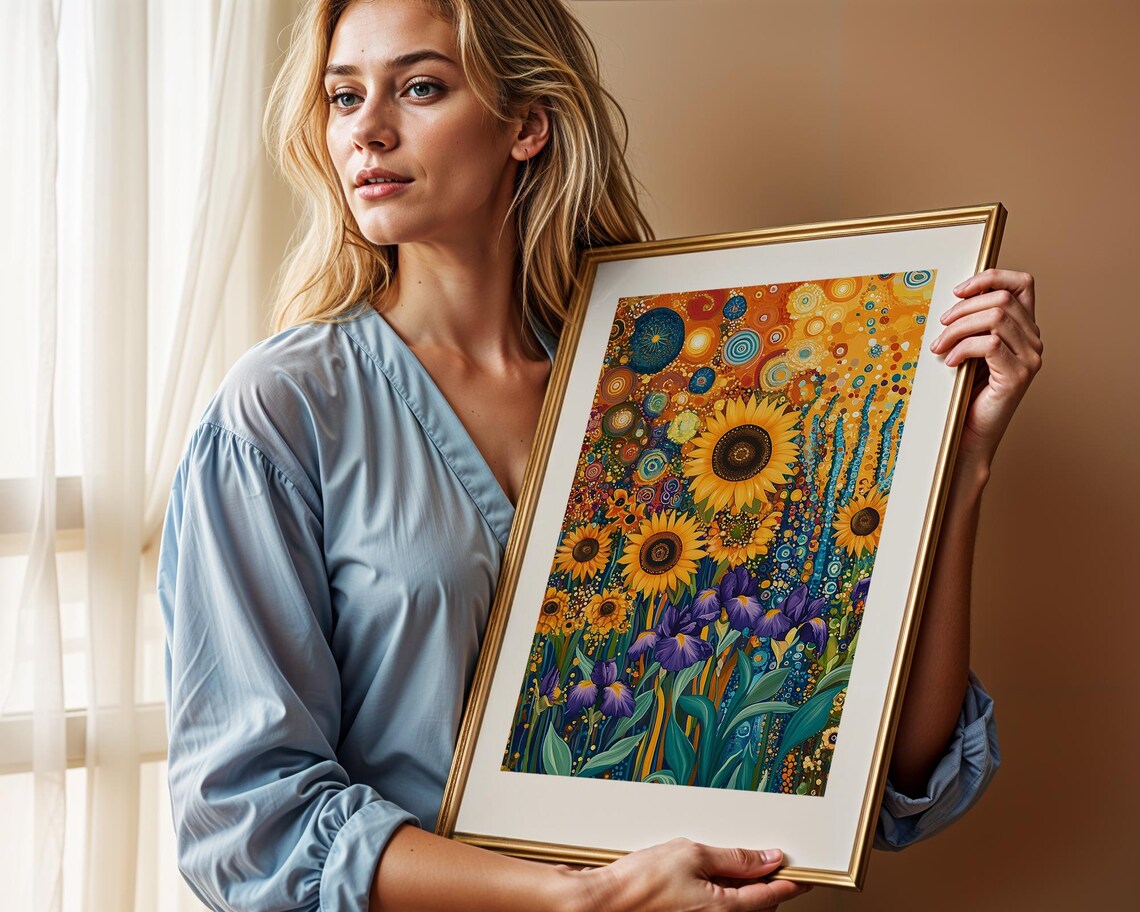Sunflowers and Irises Mosaic Garden Colorful Floral Art Poster - Image 3