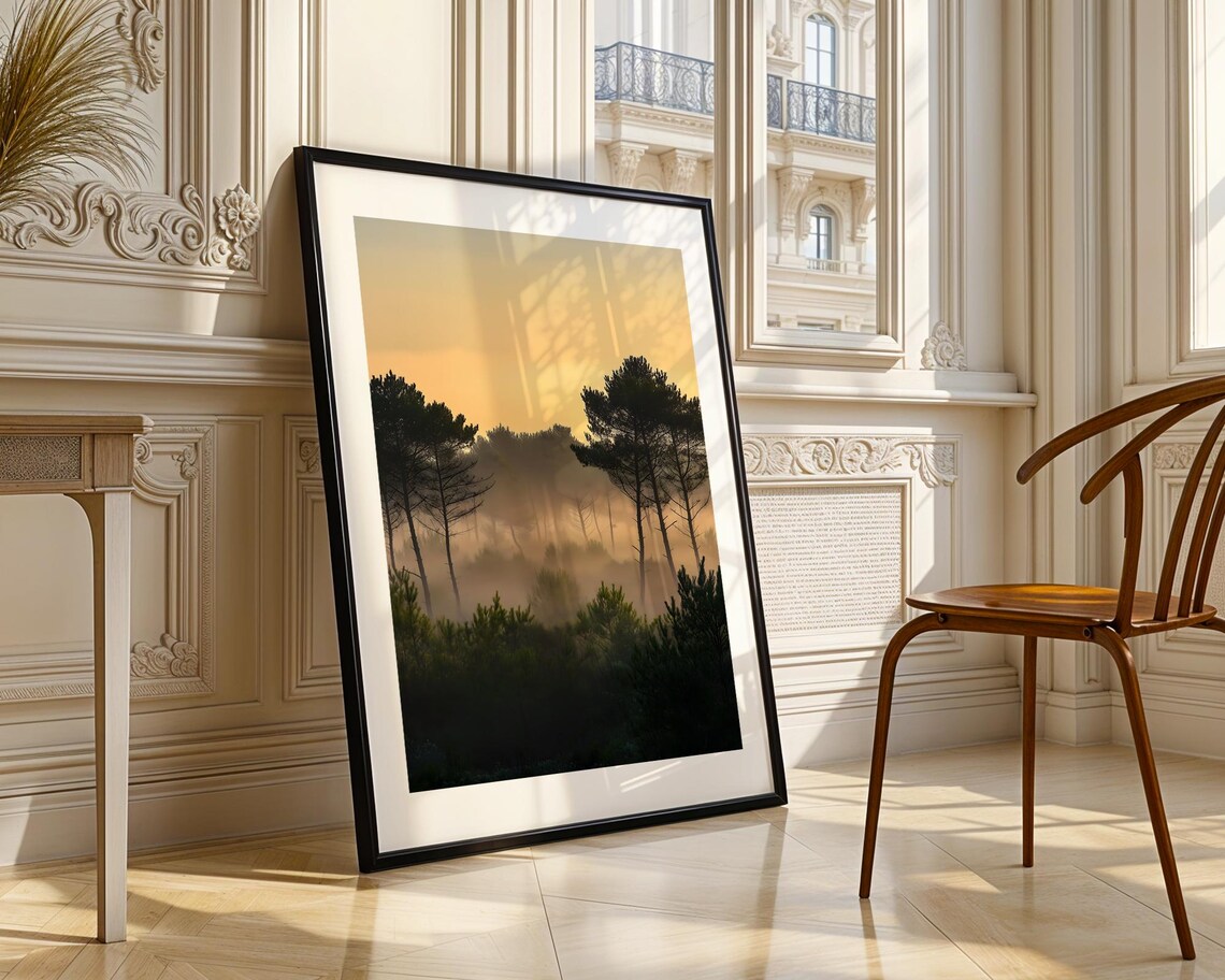 Misty Pine Forest at Golden Sunrise Art Poster for Calm Decor - Image 3