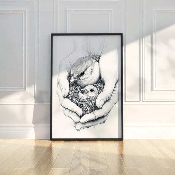 Bird And Chick In Hands Pencil Sketch Wall Art Nature Wildlife Poster Nursery Living Room Office