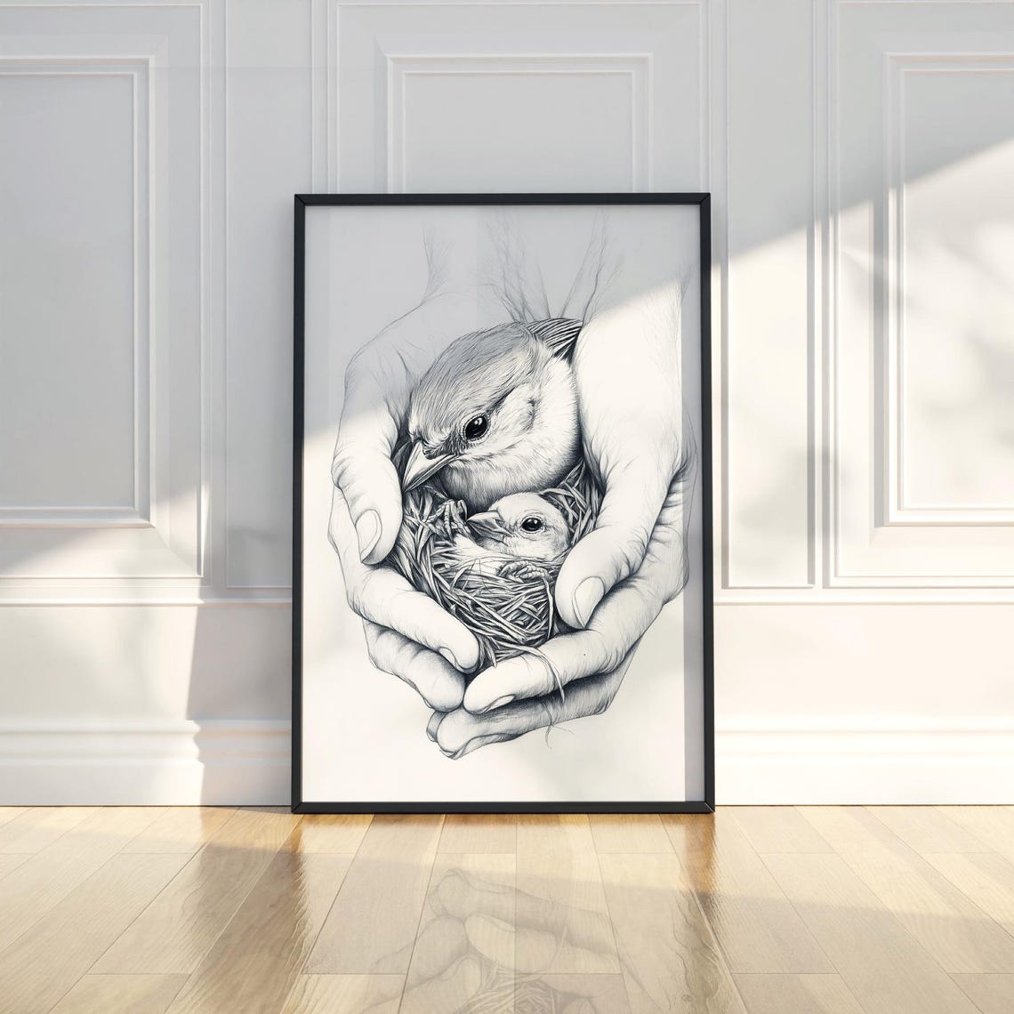 Gentle Hands Cupping Bird And Chick In Nest Pencil Sketch Poster