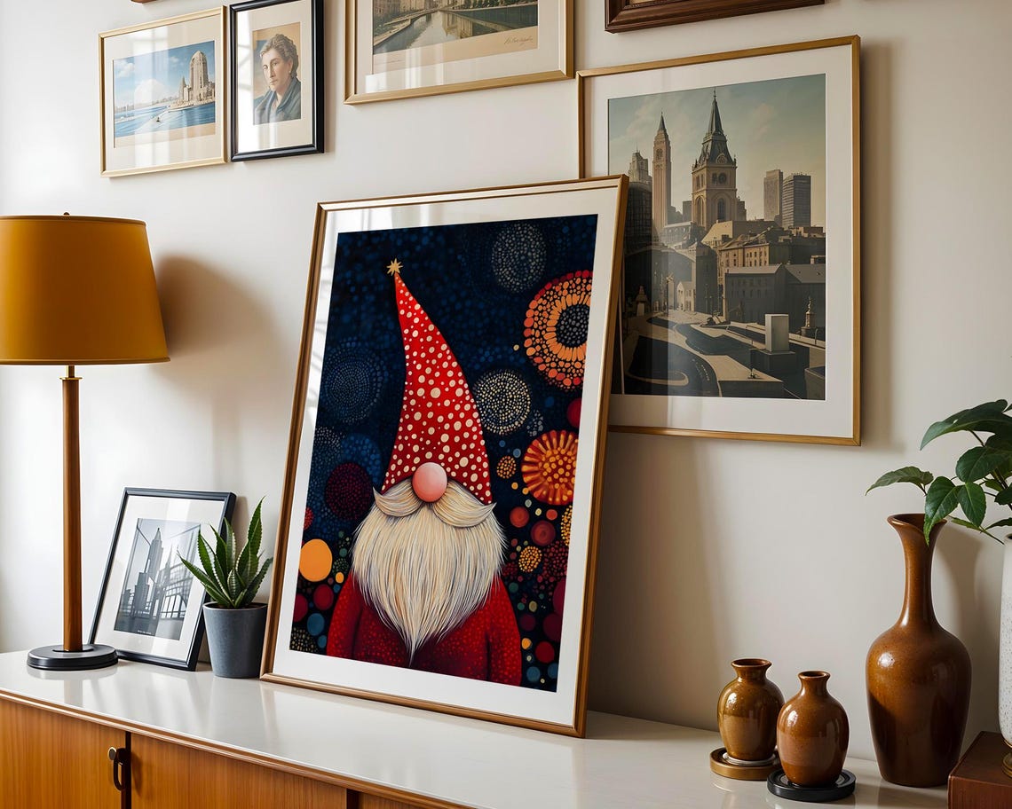 Christmas Gnome Dot Art Red Hat Holiday Festive Winter Poster - Image 3