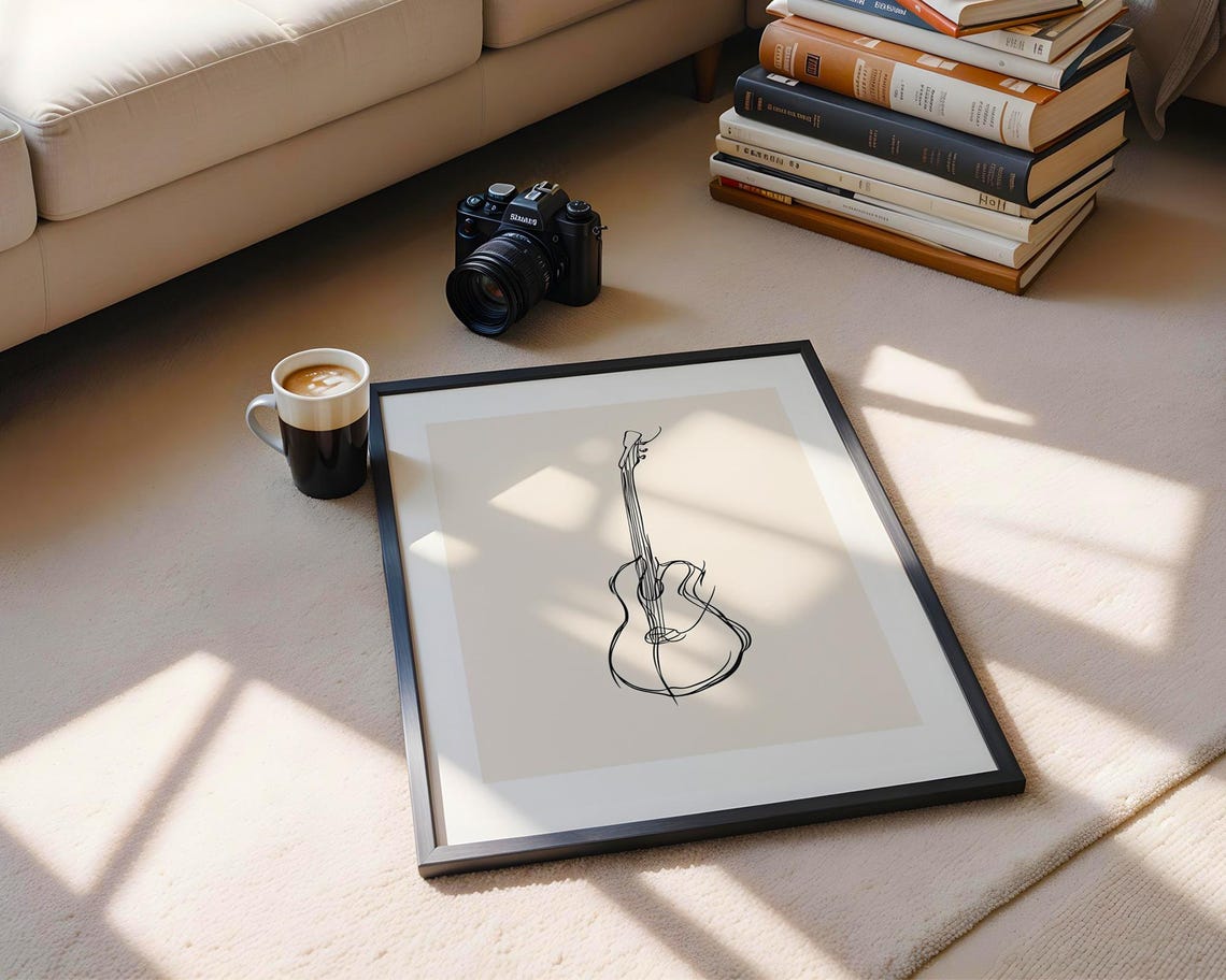 Simple One Line Guitar Outline Drawing Minimalist Music Art Poster - Image 6