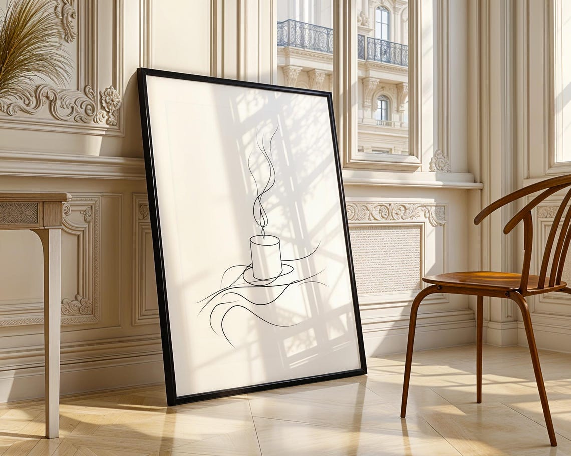 Lit Burning Candle Wispy Smoke Line Art Minimalist Decor Poster - Image 3