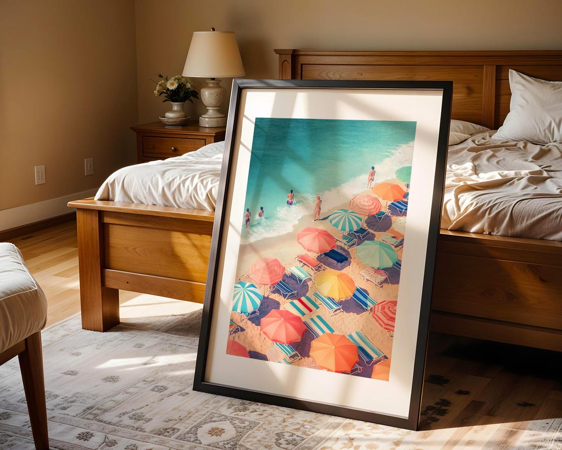 Colorful Beach Umbrellas And Swimmers Sunlit Coastal Scene Poster - Image 4