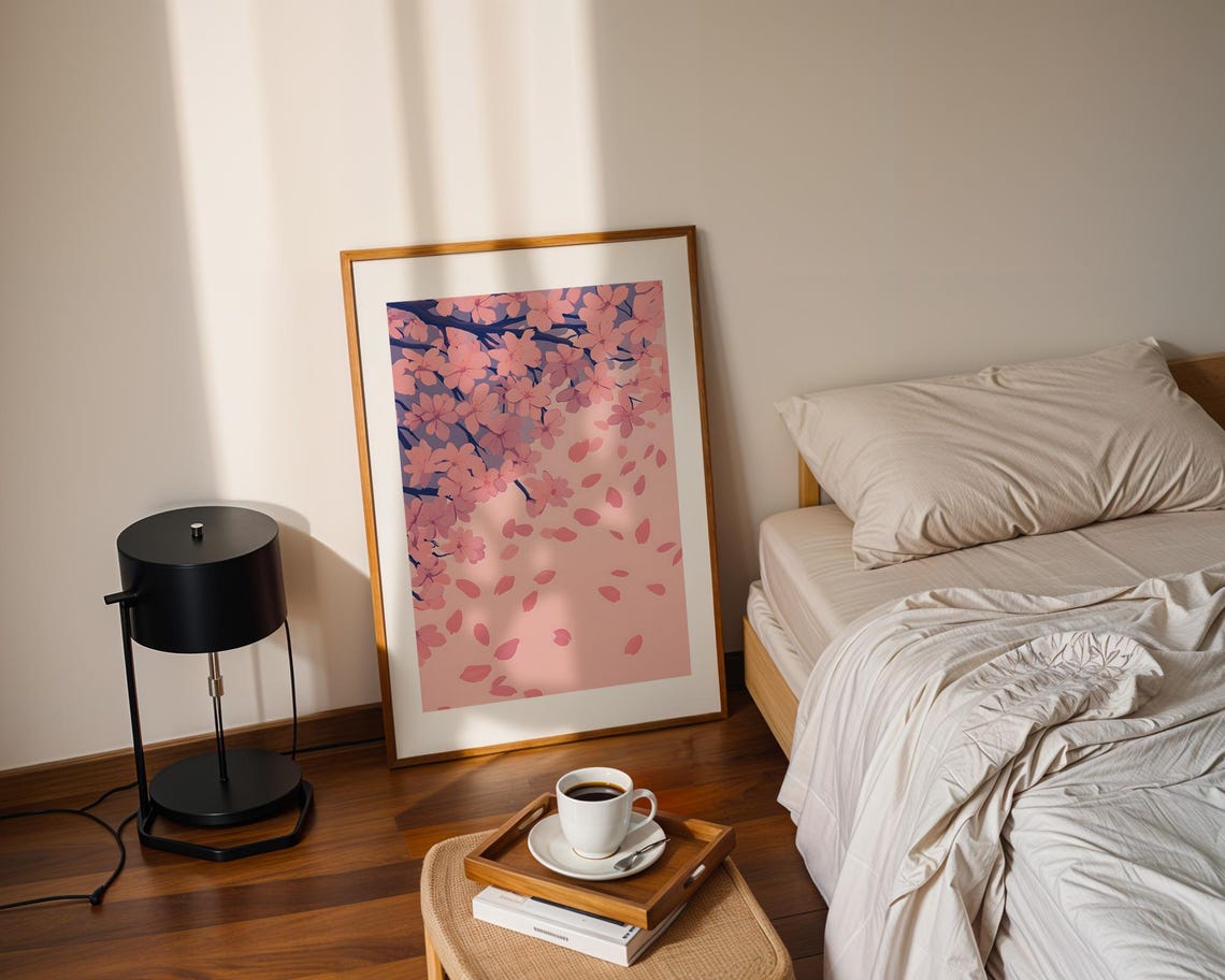 Pink Cherry Blossom Branch Art Poster with Falling Sakura Petals - Image 2