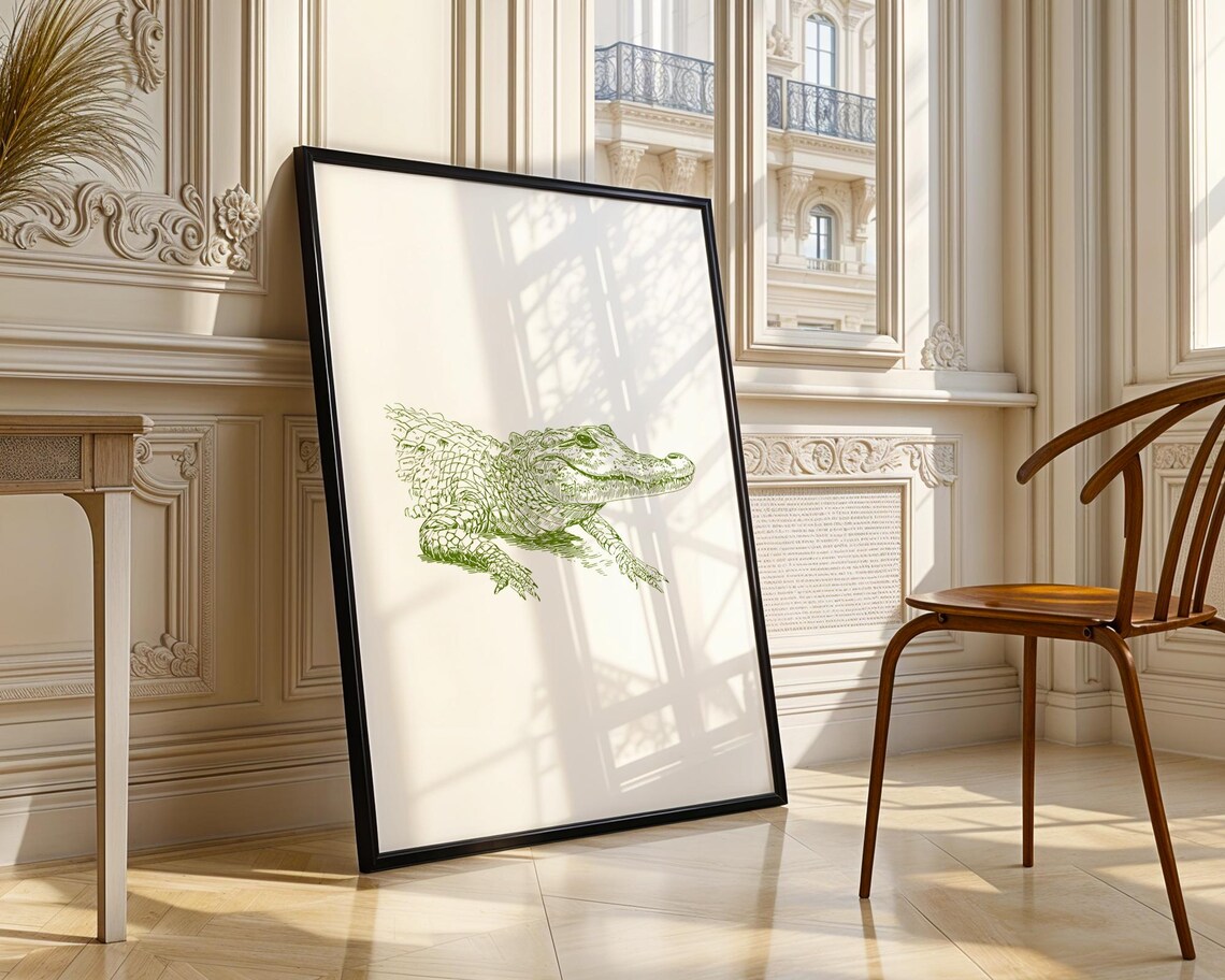 Green Crocodile Ink Illustration Detailed Reptile Wildlife Art Poster - Image 4